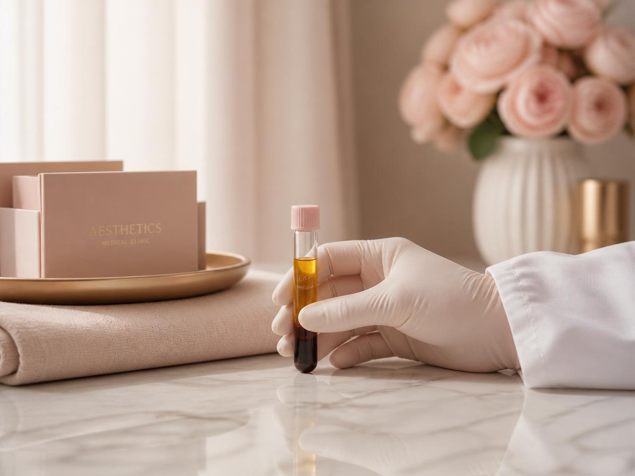 Gloved doctor's hand holding a PRP preparation vial in a private consultation room, blush and cream tones